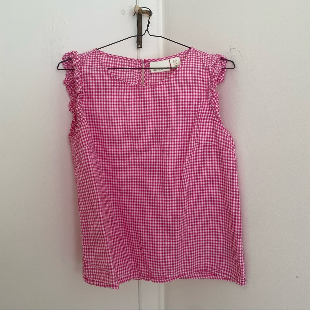 Farmcore Pink White Gingham Sleeveless Top Ruffle Linen Cotton Natural Fiber M
